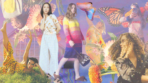 animated collage of girls and femmes wearing soft outfits in a spring theme