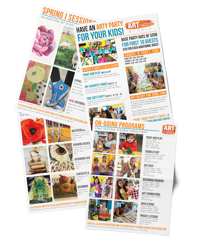 print designer for hire stack of art class flyers